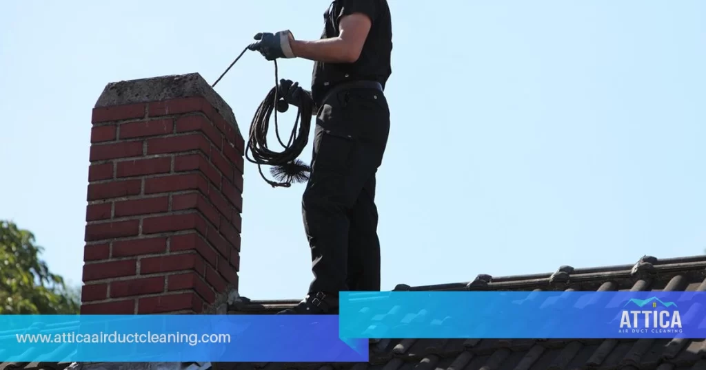 An image shows Attica's chimney sweep experts in the process of cleaning. 