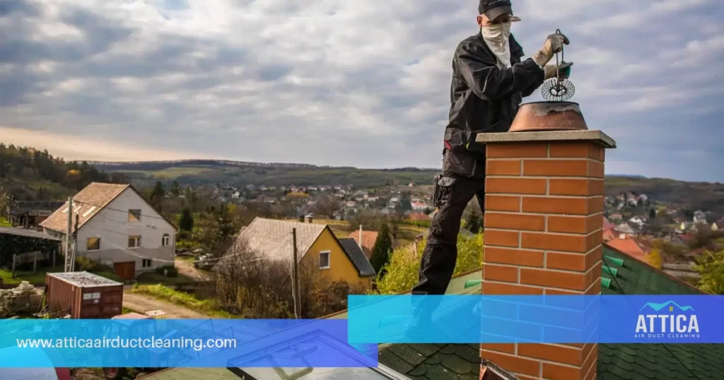 An image that shows a technician from Attica performing a chimney sweep.