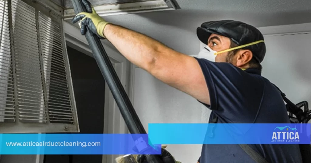 Professional duct cleaning services from Attica show a technician cleaning the air ducts using state-of-the-art tools. 