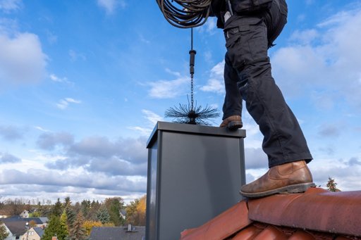 Chimney cleaning service from Attica Air Duct Cleaning, shows a technician doing a sweep on the chimney.