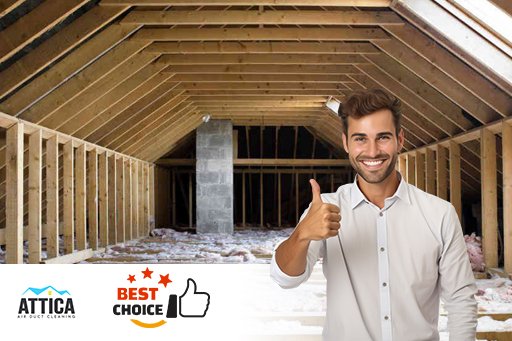 Attic insulation removal service from Attica Air Duct Cleaning shows a guy approving the service. It also has a best-choice seal.
