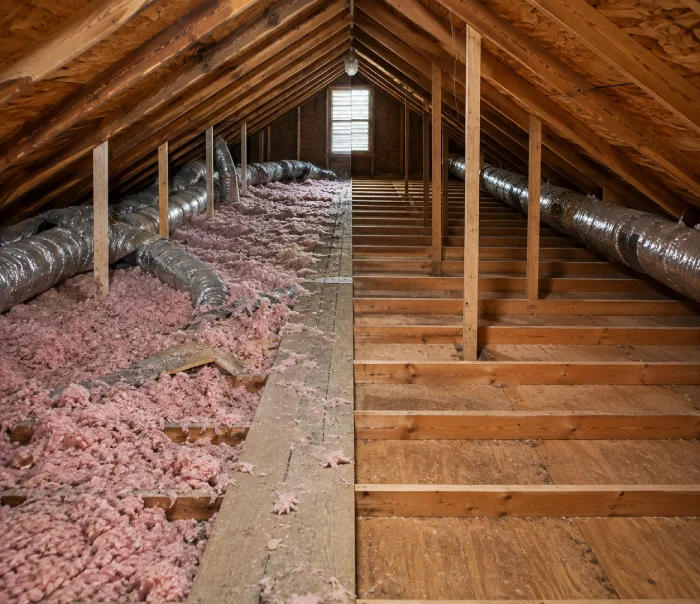 Attic showing old blown-in insulation being removed from between wooden floor joists, with exposed HVAC ductwork.