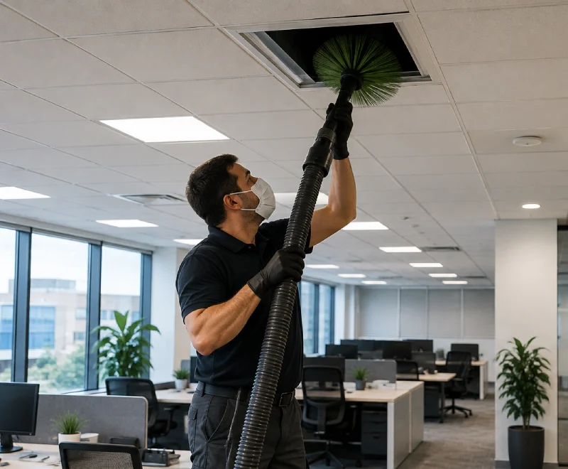 Commercial air duct cleaning technician using a rotary brush and vacuum hose to clean an office HVAC duct system.