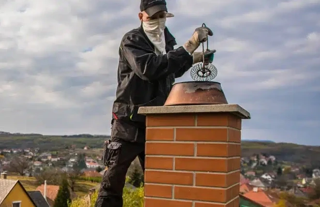 Technician cleaning a residential chimney from the rooftop using professional chimney sweeping equipment.