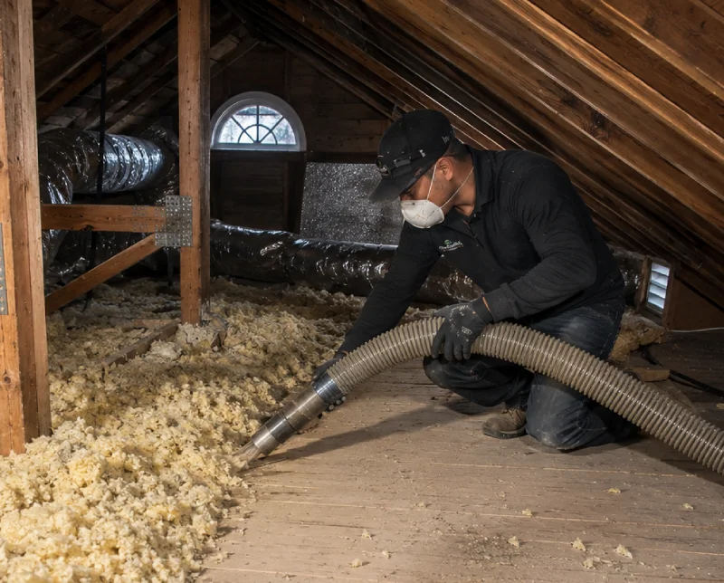 Attic insulation removal technician vacuuming old blown-in insulation from an attic floor with professional equipment.