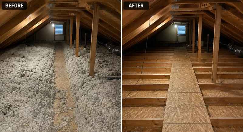 before and after image of professional attic insulation removal service