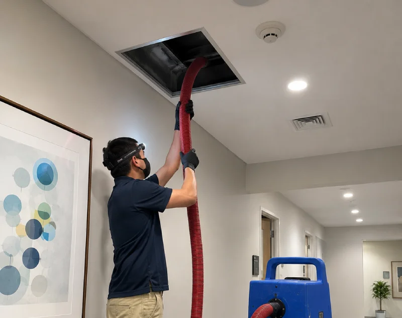 Commercial air duct cleaning technician connecting a professional vacuum hose to a ceiling HVAC duct in an office hallway.